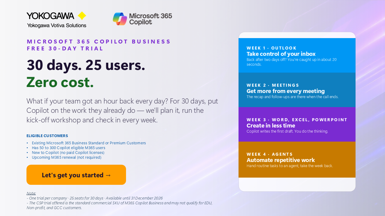 Free 30-day Microsoft 365 Copilot trial banner for 25 users from Yokogawa Votiva Solutions